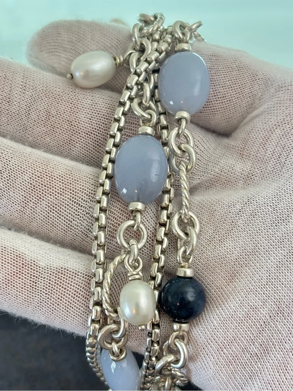 David Yurman Multi-Strand Bracelet with Chalcedony & Pearls 6.5-7" - Picture 2 of 9